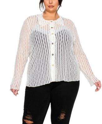 Plus Size Vertical Floral Stripe Lace Button-Front Shirt