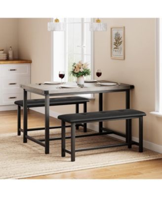 “3 Piece Retro Gray Dining Table Set with Rectangular Table & 2 Upholstered Benches for 4.”