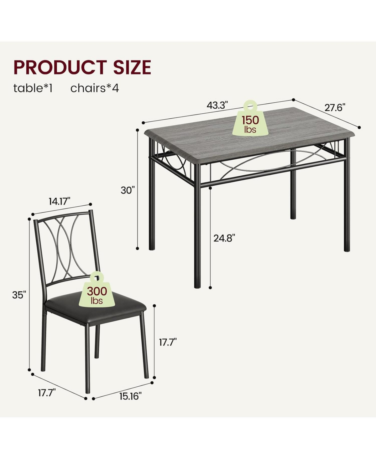 gaomon “Gray 5 Piece Dining Set for 4 with Rectangular Table & 4 Upholstered Chairs for Kitchen/Dining.”