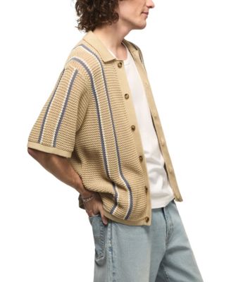 Men's Stripe Button-Front Short-Sleeve Sweater