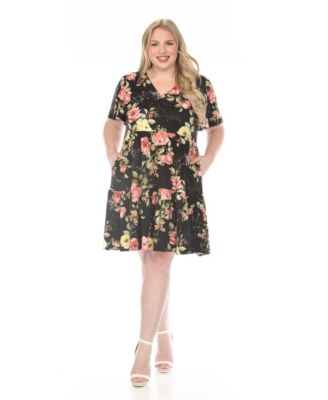 Plus Size V-Neck Tropical Flower Short Sleeve Dress