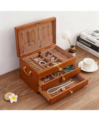 Wooden Jewelry Box with 2 Drawers, Lock & Key, Multiple Compartments