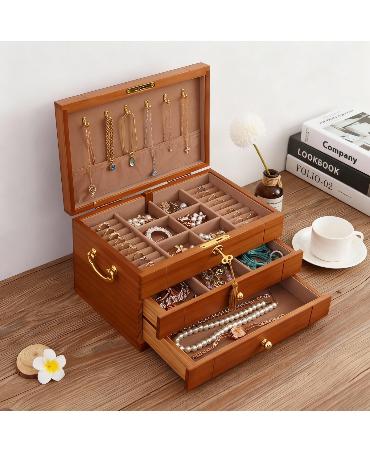 Yigii Wooden Jewelry Box with 2 Drawers, Lock & Key, Multiple Compartments