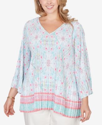 Plus Size Pleated Tapestry Print Bell Sleeve Blouse