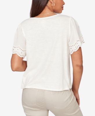 Plus Size Eyelet Poplin-Sleeve Slub Knit Top
