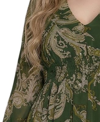 Plus Size Long-Sleeve Clip Dot Chiffon Dress with Smocked Waist and Cuffs