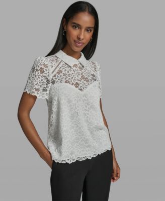 Women's Short-Sleeve Floral Lace Woven Blouse