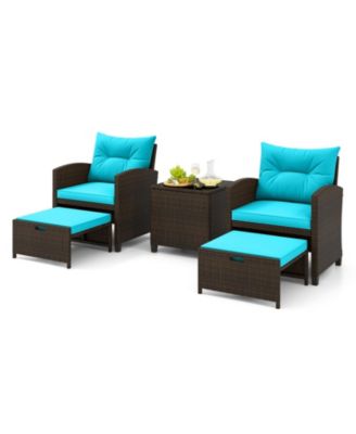 Set of 5 Patio Rattan Furniture w/ 2 Wicker Ottomans & Tempered Glass Coffee Table