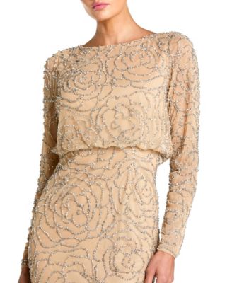 Women's Long Sleeve Floral Beaded Blouson Gown