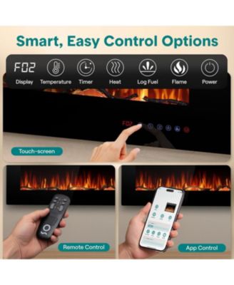 50" Electric Fireplace Heater with LED Flame, Smart Wi-Fi, Remote & Thermostat, 13 Color Modes, Wall or Recessed Mount