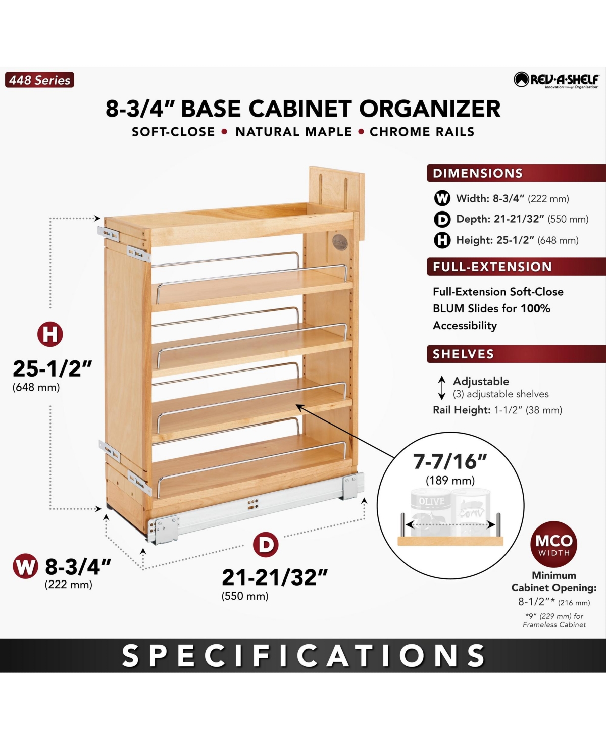Rev-a-Shelf 8.75'' Pullout Kitchen Cabinet Organizer Soft-close, 448-bcsc-8C