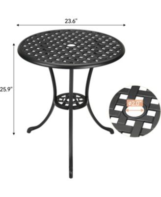 Round Patio Bistro Table, Outdoor Cast Aluminum with Iron Frame, Umbrella Hole, Balcony, Backyard
