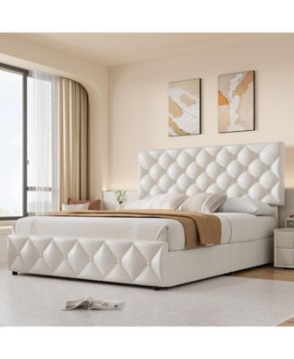 Bed Frame with 4 Storage Drawers, Faux Leather Upholstered Platform Bed Frame with Adjustable Headboard