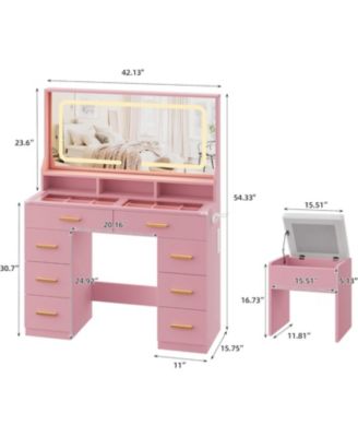 42" LED Makeup Vanity Desk with Large Mirror, 8 Drawers & Charging Station, Modern Dressing Table with Glass Top, Storage Stool