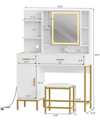 Vanity Desk with Lighted Mirror and Power Outlet - Makeup Table with 2 Drawers - 9 Open Shelves and 2 Cabinets