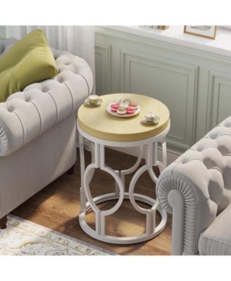 Round End Table, Industrial SideTable with Metal Hollow Frame, Small Bedside Table