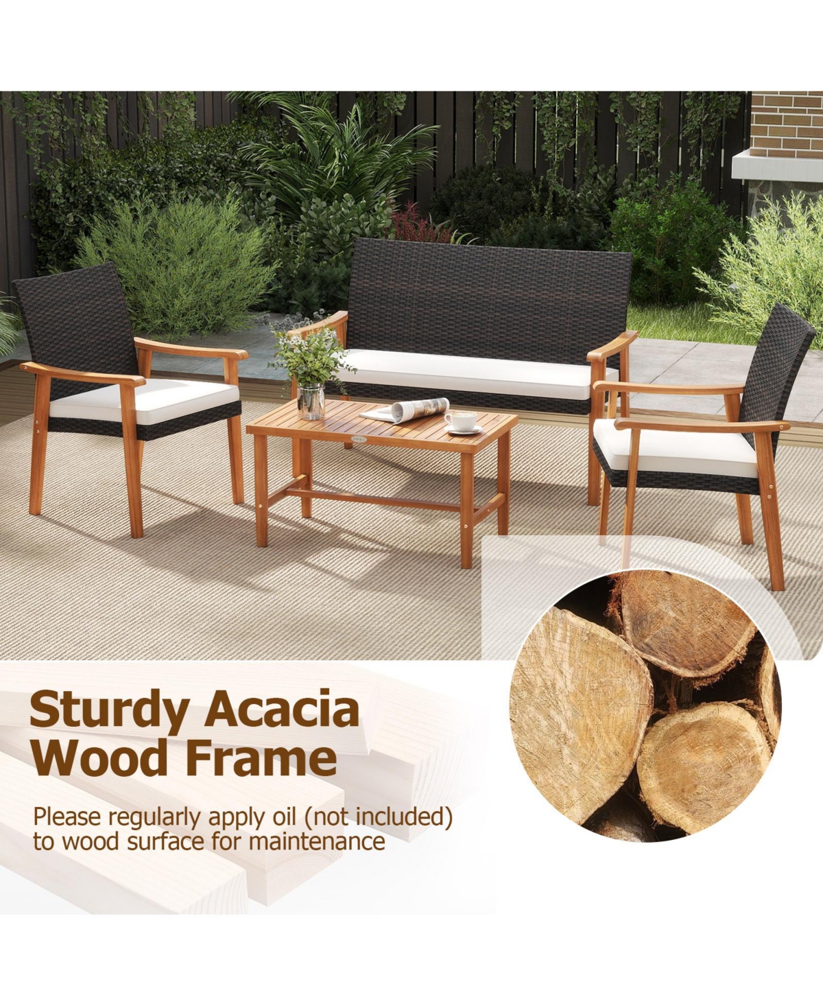 Gymax Set of 8 Patio Furniture Set w/Acacia Wood Coffee Table & Soft Cushions for Garden Outdoor