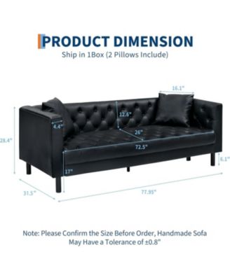  78" Leather Couch, Handmade Button Tufted 3 Seater Chesterfield Sofa with Deep Seat and 2 Pillows for Living Room or Apartment