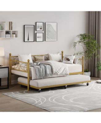 Twin Size Metal Daybed Frame with Trundle Heavy Duty Metal Slats, Mattress Foundation Platform Sofa Bed with Headboard for Bedroom