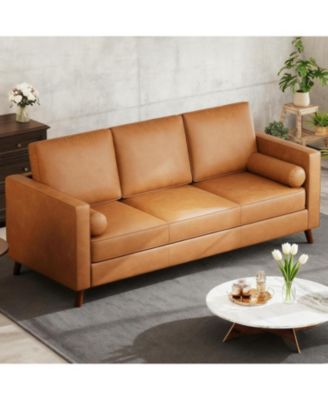 86" Leather Sofa for Living Room, Mid-Century Modern Couch with Deep Seats, Brown Faux , 3 Seat Sofa with Removable Cover for Apartment