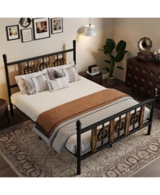queen size metal bed frame with headboard and footboard, vintage circular design and underbed storage space