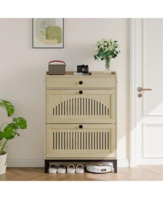 Shoe Storage Cabinet with 2 Flip Drawers & Top Drawer, Hollow Panel Design, Adjustable Shoe Organizer for Entryway