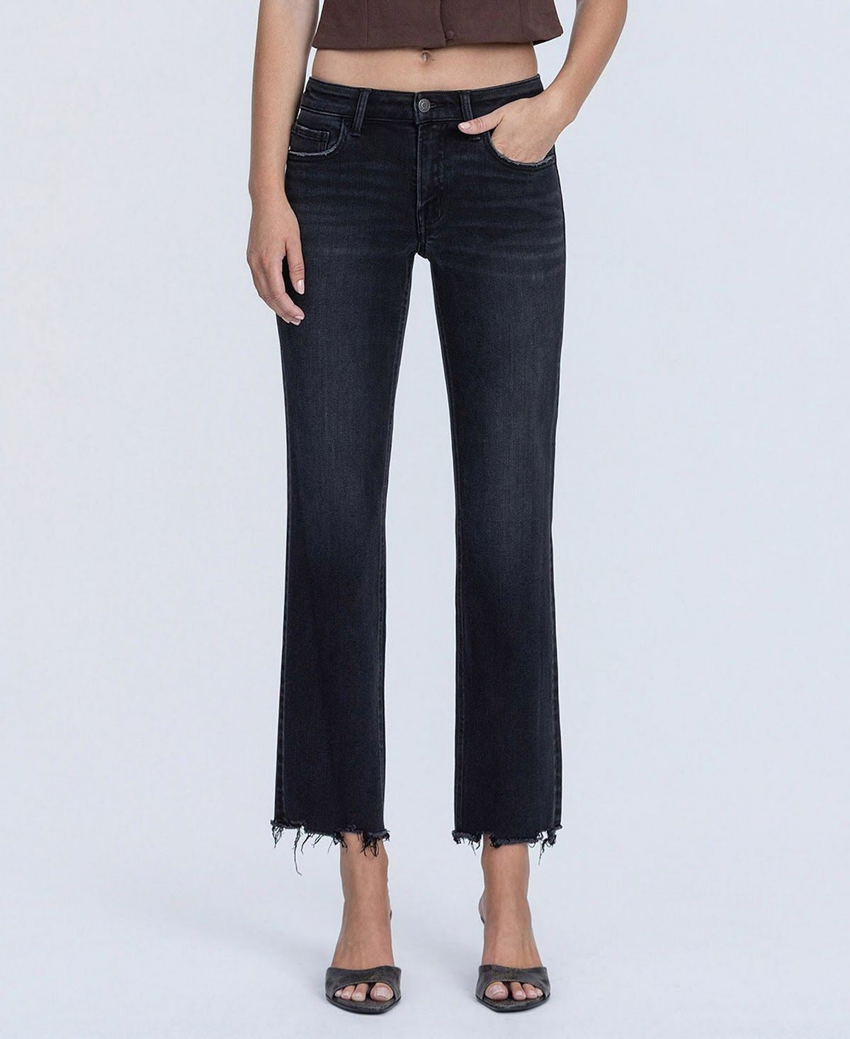 Flying Monkey Women's Mid Rise Raw Hem Ankle Straight Jeans view 1 — MAYCSS fashion products