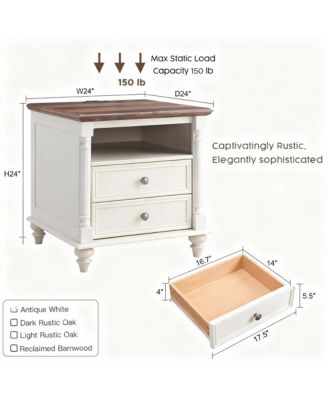 24" Rustic Square Nightstand with Charging Station for Bedroom/Living Room