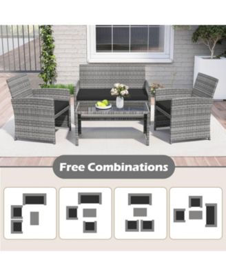 8 Piece Patio Furniture Set Outdoor Wicker Conversation Set w/ Tempered Glass Coffee Table