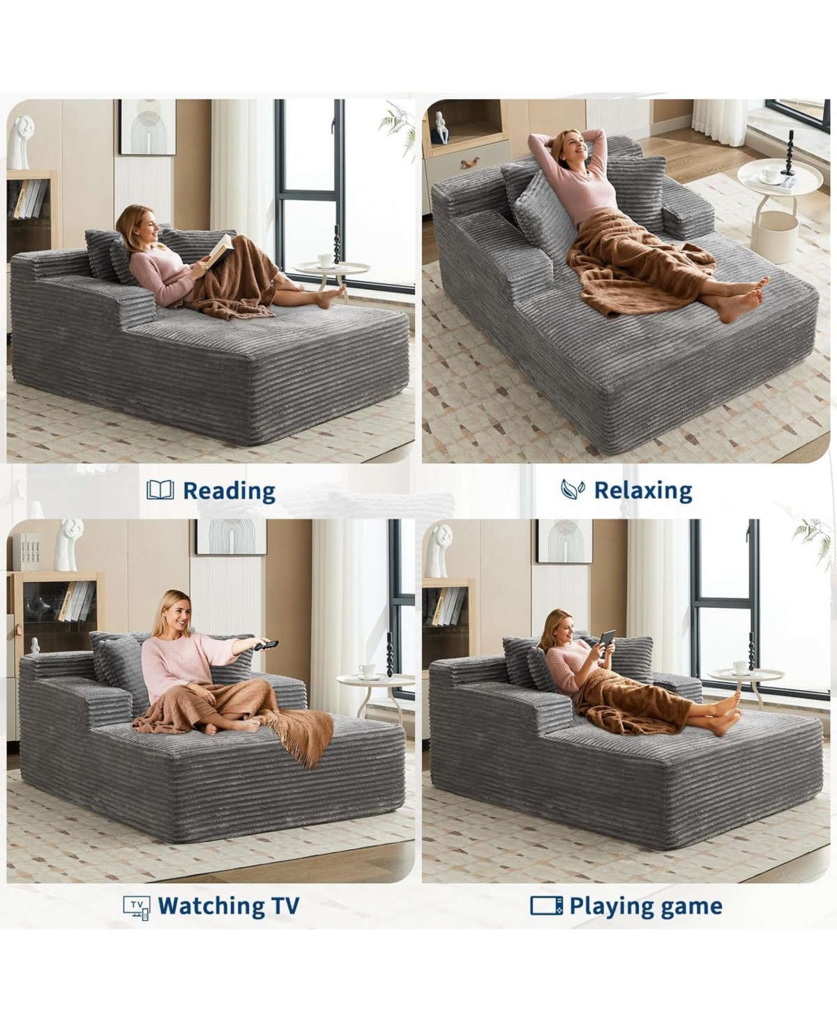 gaomon 50" Oversized Chaise Lounge Indoor, Corduroy Boneless Sofa Bed with 3 Pillows, Deep Seat Sleeper Couch Reading Chairs for Living Room Bedr