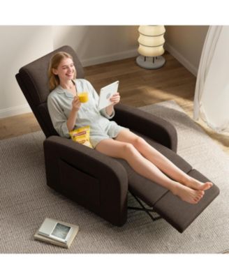 linen fabric manual recliner chair with side pocket, high backrest, thick cushion and adjustable push back lounge design