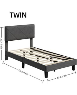 twin size upholstered platform bed frame with headboard, wooden slat support and noise-free easy assembly design