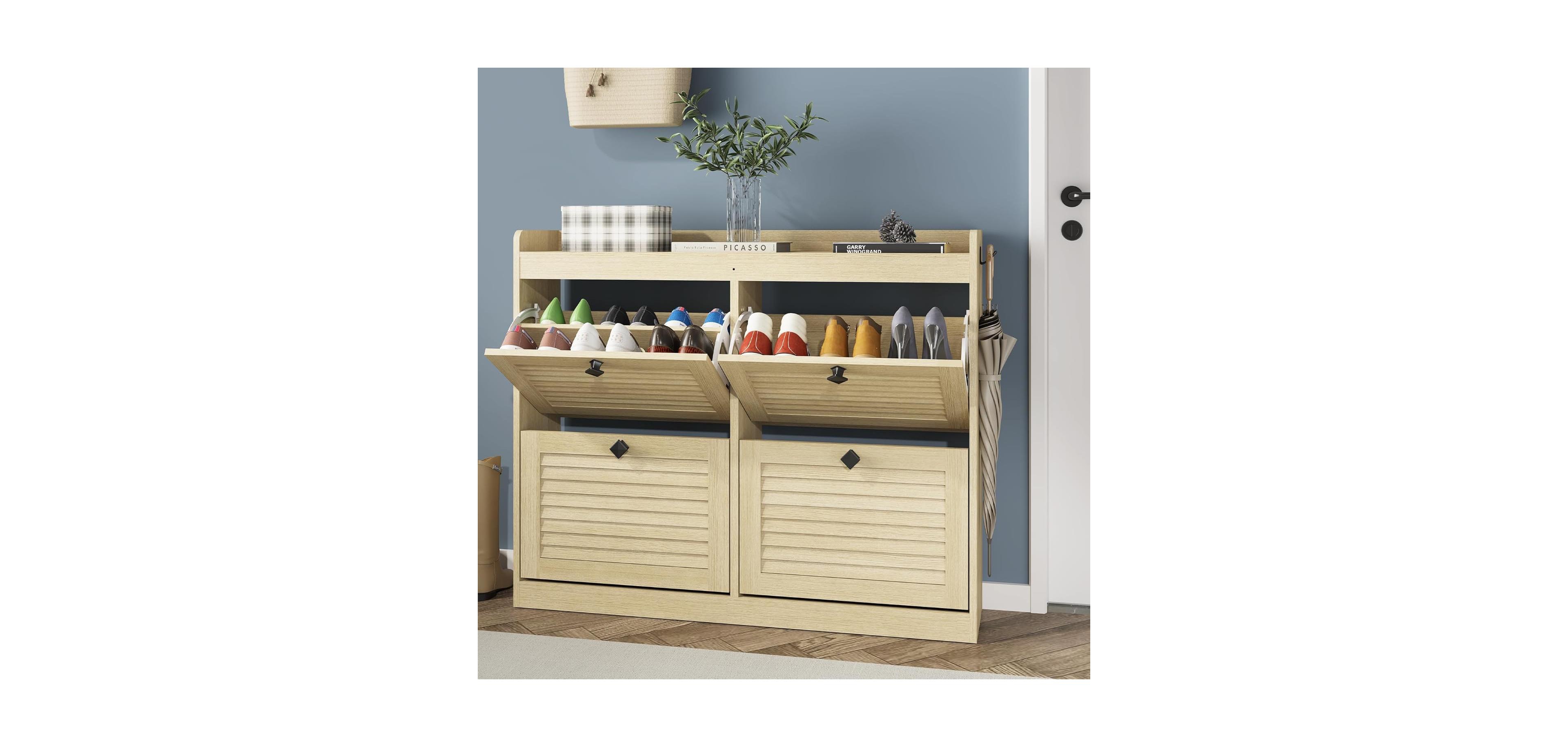 gaomon Large Shoe Storage Cabinet with 4 Flip Drawers – Narrow Freestanding Shoe Rack with Wooden Legs