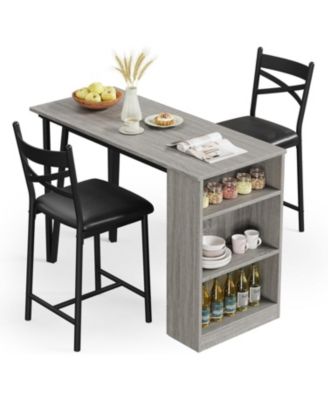 Bar Table Set of 2 with Storage Shelves, Extendable Dining Table with 2 Cushioned Chairs, 3 Piece Counter Height Set for Kitchen