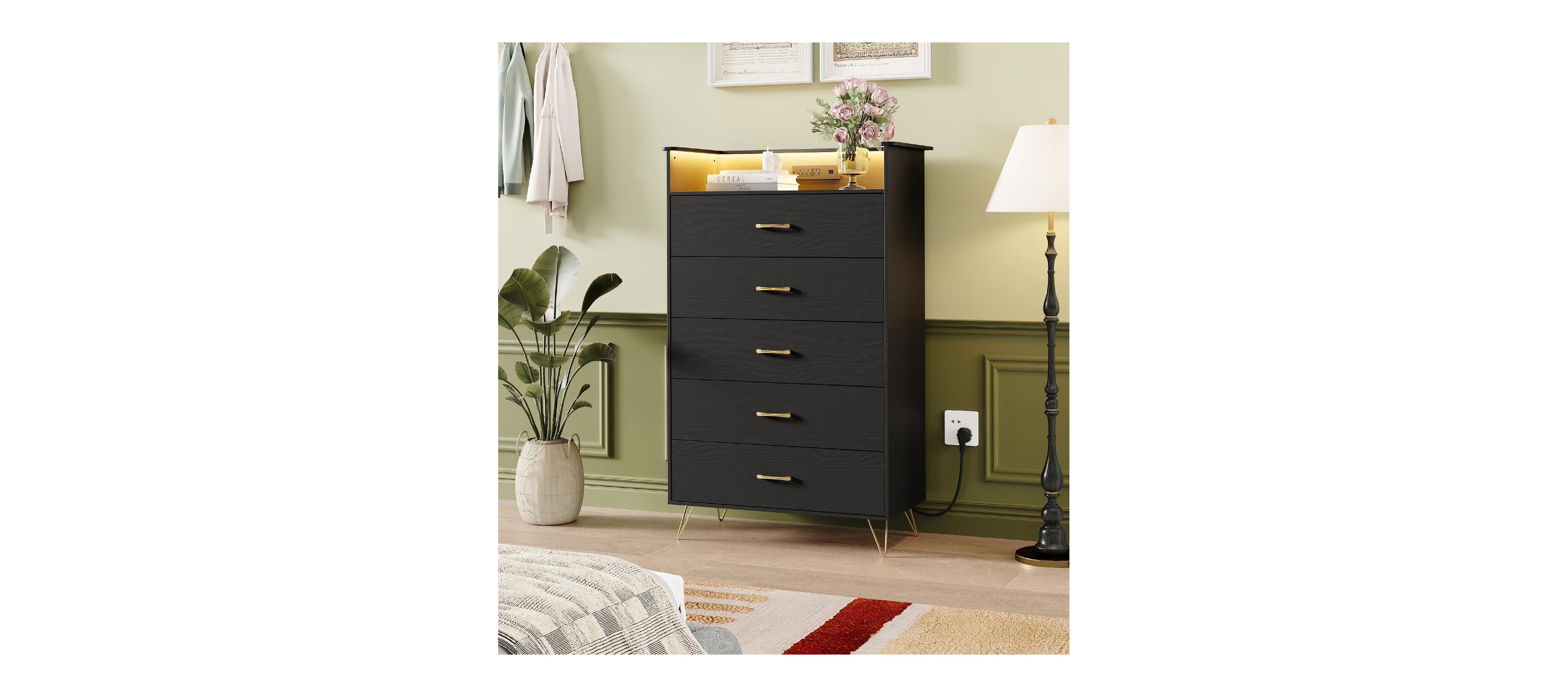 gaomon Modern 5-Drawer Tall Dresser for Bedroom, Wooden Chest with Silent Slides & Water-Resistant Finish, Black
