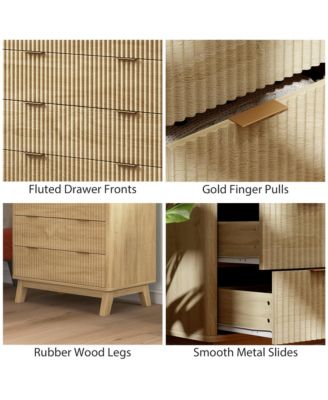 Nightstand, 4 Drawer Double Dresser, Wave-Fluted Fronts, Gold Finger Pulls, Bedside Table