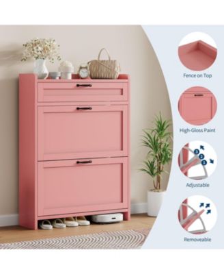 Shoe Cabinet with 2 Flip Drawers & 1 Top Drawer, Wooden Shoe Organizer Cabinet