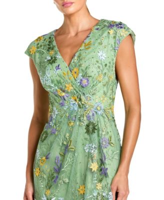 Women's Faux Wrap Embroidered Cap Sleeve Gown