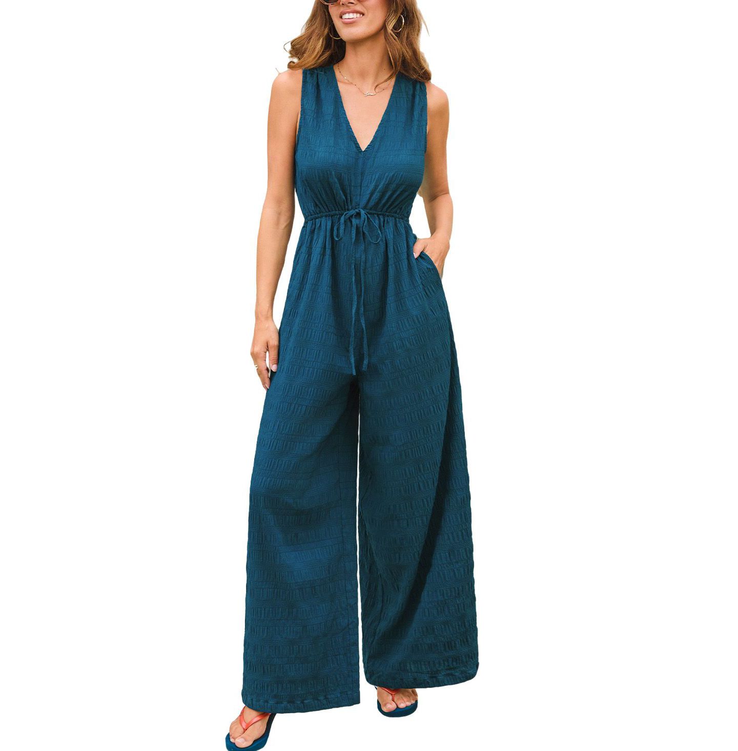 Женский комбинезон Cupshe V-Neck Zipper Closure Jumpsuit, цвет: Средний синий — фото 1
