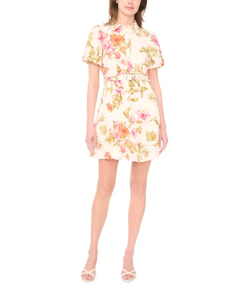 Petite Puff-Sleeve Belted Fit & Flare Dress - New Ivory