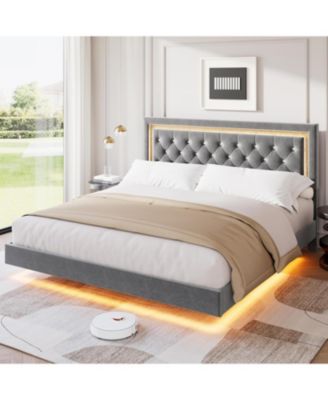 King Floating Bed Frame with LED Lights, Upholstered Platform Bed, Solid Wood Slats