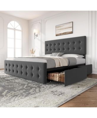King Bed Frame with Headboard and 4 Storage Drawers, Square Stitched Button Tufted Platform