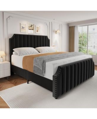 Bed Frame, Platform Bed Frame with Velvet Upholstered 50.2'' Headboard, Rivet Decoration, Strong Wooden Slats, No Box Spring Needed