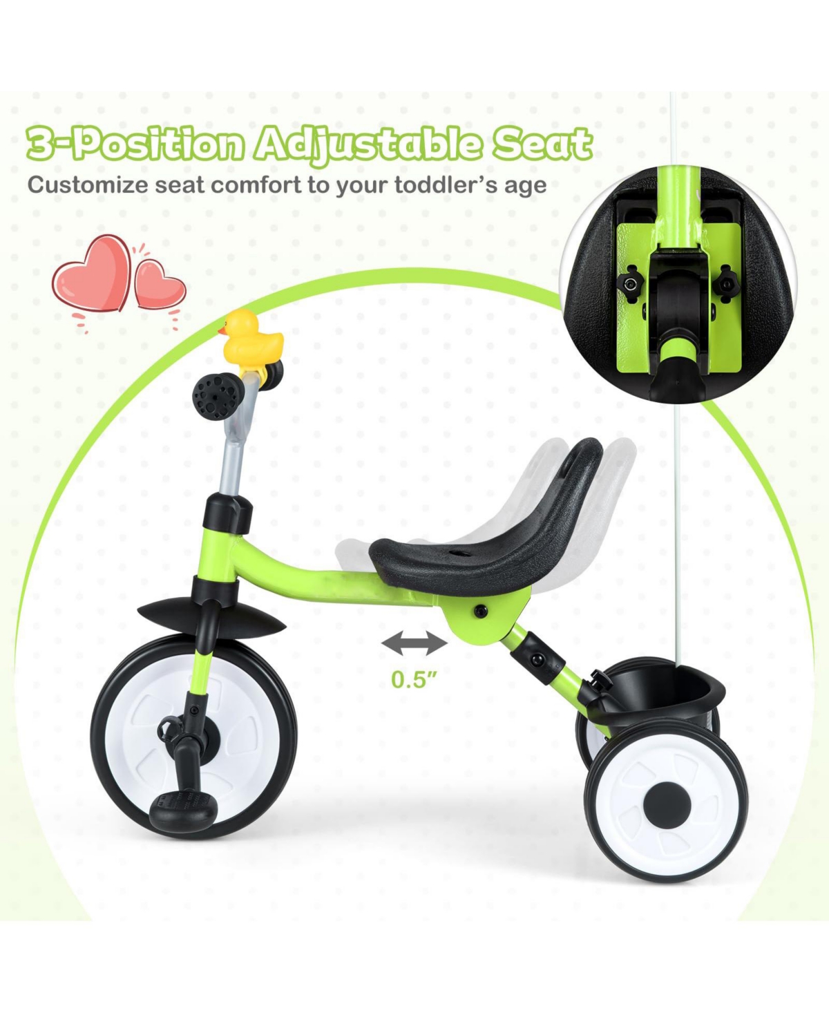 Mecale Toddler Tricycle with 3-Position Seat and Storage Basket for Kids