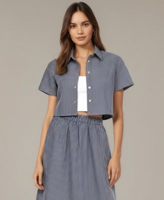 Women's Striped Cropped Button-Up Shirt and Midi Skirt Set