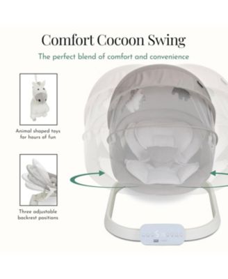 Baby evolur Comfort Cocoon Swing: TUYA voice control, 5-speed sway with remote. Features touchscreen music, removable canopy, toys, and 5-point harness.