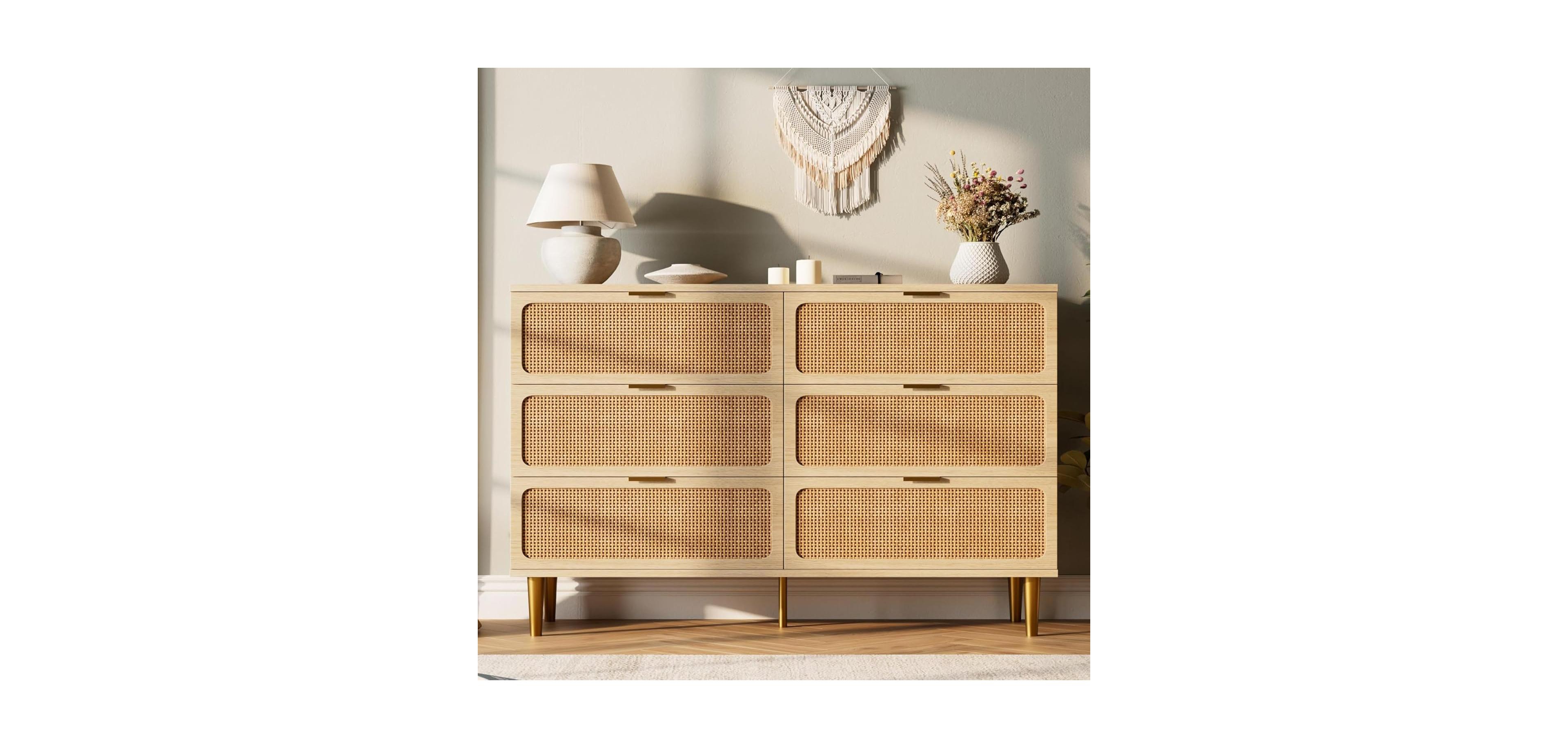 gaomon Rattan 6 Drawer Dresser, Large Double Wooden Chest with Deep Drawers for Living Room