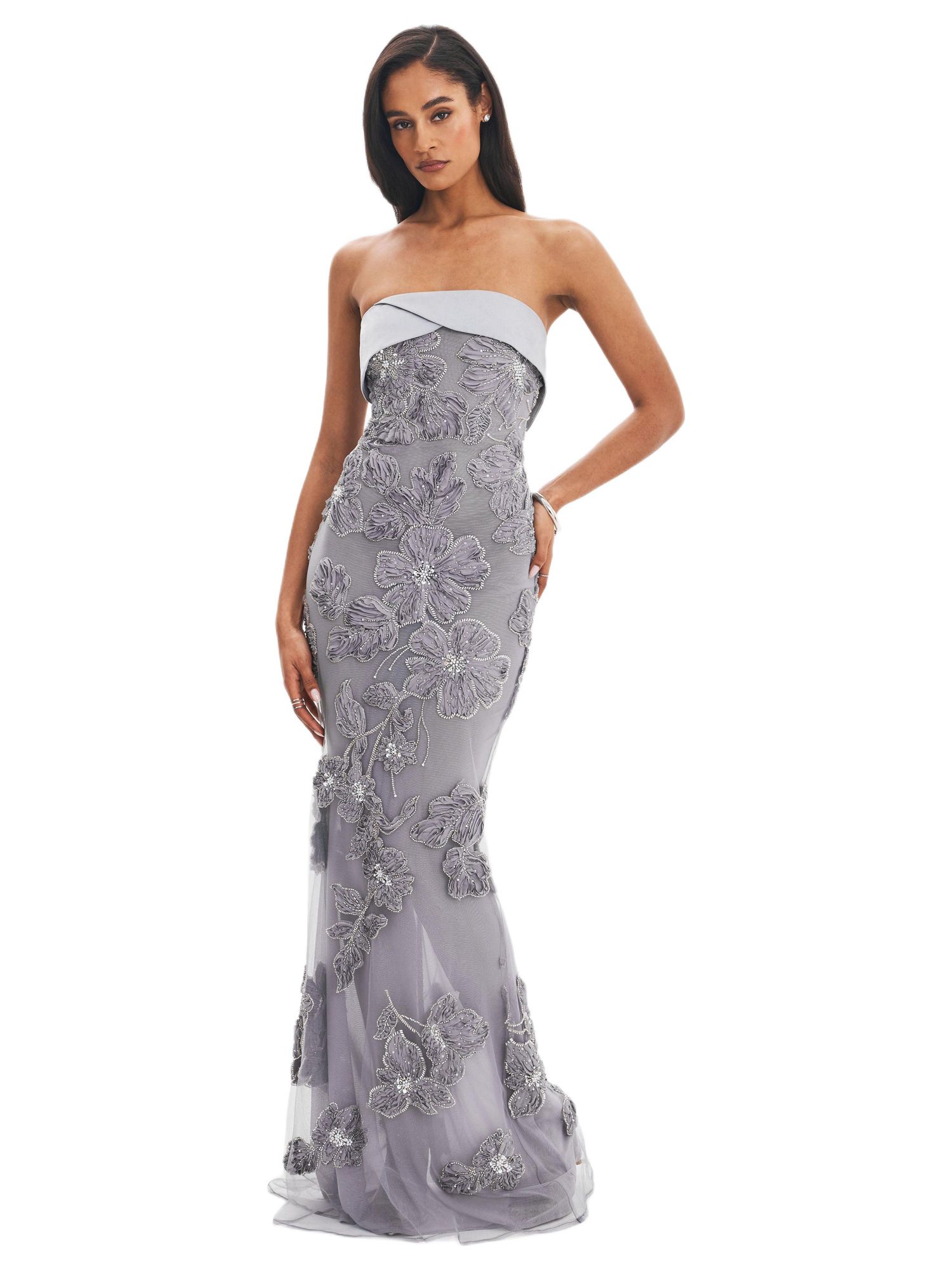 Women's Raphaela Silver Beaded Floral Strapless Mermaid Maxi Dress
