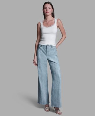 Women's Mid-Rise Embellished Detail Wide-Leg Jeans