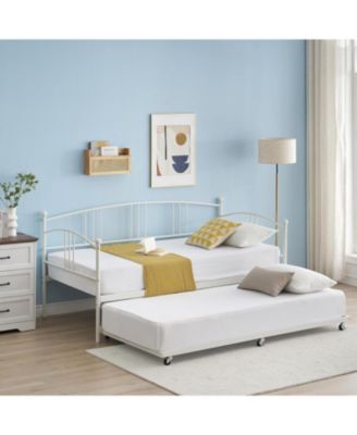 Twin Metal Daybed with Trundle, Pullout Trundle Bed Frame with Arched Headboard, Guest Sofa Bed with Steel Slat Support, No Box Spring Required